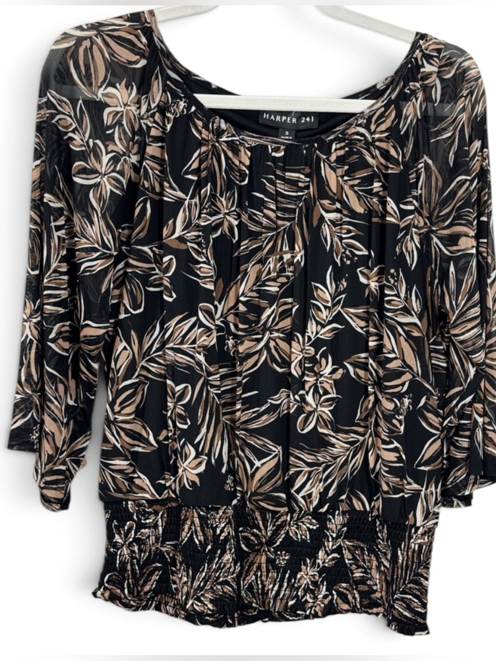 Harper Black and Tan Floral Flowy Sheer Sleeve Blouse - Size Small